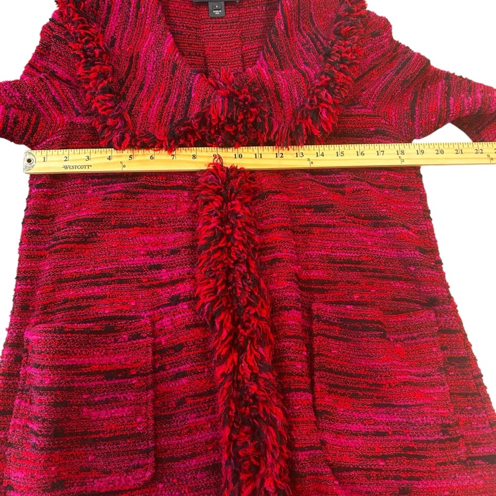 St. John red pink black tweed fringe frayed collar long jacket women’s size 6 - Picture 6 of 16